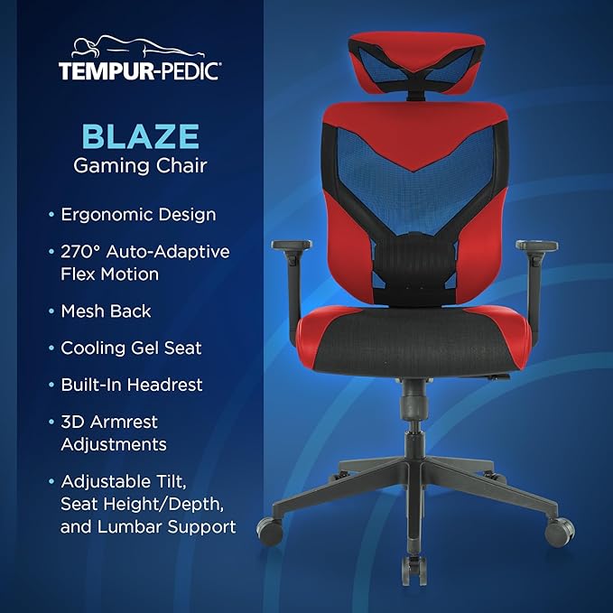 Tempur-Pedic Blaze Auto-Adaptive Ergonomic Gaming Chair with Lumbar Support and 3D Armrest Adjustment Cooling Racing Style Gaming Chair Red