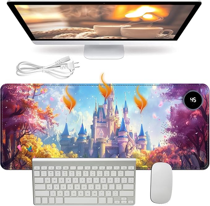 Heated Mouse Pad - 3 Temperature Settings (86°F–122°F)Auto Shut OffLarge 31.5x13 Inch PU Leather Desk Mat for OfficeGamingCold Hands ReliefDream Castle