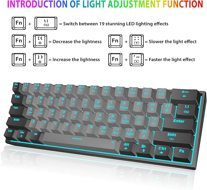 Snpurdiri 60% Wired Mechanical Gaming Keyboard Ice Blue LED Backlit 61 Keys Mini Wired Office Keyboard for Windows Laptop PC Mac (Black-Grey Red Switches)