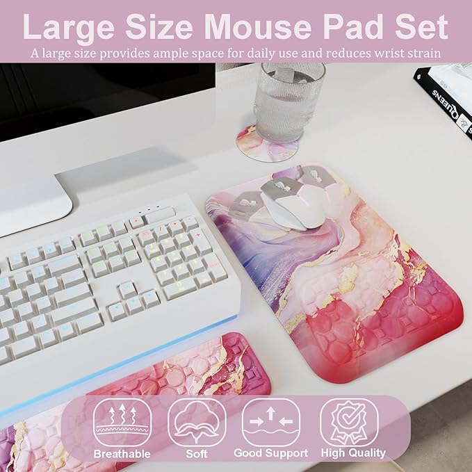 Ospelelf Ergonomic Mouse Pad and Keyboard Wrist Rest Support Wrist Rest for Computer Keyboard Office Gaming Pink
