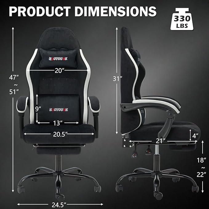 ECOTOUGE Fabric Gaming Chair Video Game Chair with Footrest and Lumbar Support Adjustable Height Home Desk Office Chair Ergonomic Comfort Gamer Chair with High Back Black