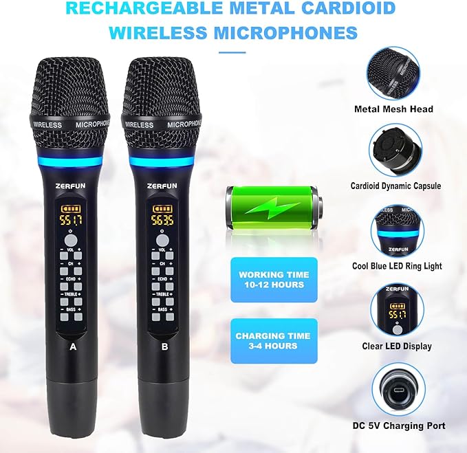 Rechargeable Wireless Microphone System 4 Channel Pro UHF Metal Handheld Wireless Mics Cordless for Church Karaoke Singing with Echo Treble BASS VOL Channel Control(GT-200)
