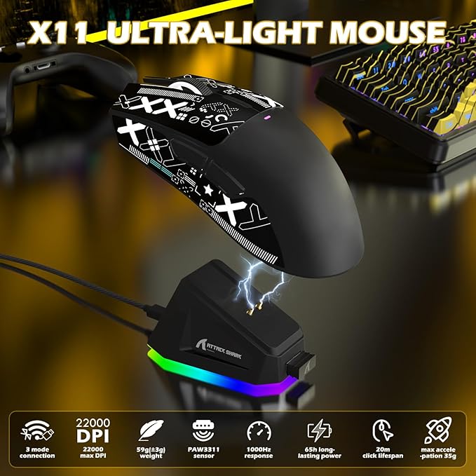 ATTACK SHARK X11 &amp X65 PRO HE Rapid Trigger Hall Effect Keyboard60% Magnetic Keyboard 8K Polling Rate RGB Hot SwapWireless Gaming Mice with Charging Dock 22K DPIBT/2.4Ghz/WiredCoiled Cable-Bla