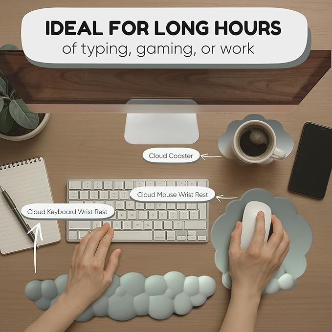 THONIV - Cloud Wrist Rest for Keyboard and Mouse Soft Memory Foam Support with Non-Slip Base Cute Cloud Design for Typing Gaming Office Bonus Coaster Included for Desk Aesthetic (Green Gradient)