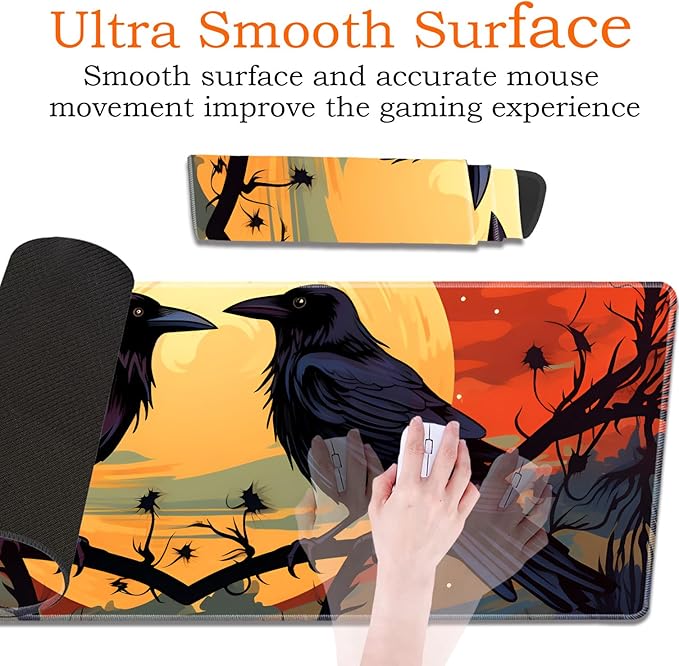 Large Gaming Mouse Pad Keyboard Wrist Rest Pad + Mouse Wrist Pad + Coaster 4 in 1 Set Extended Waterproof Non-Slip Desk Mat Suitable for Office Home Learning Games Branch Crow