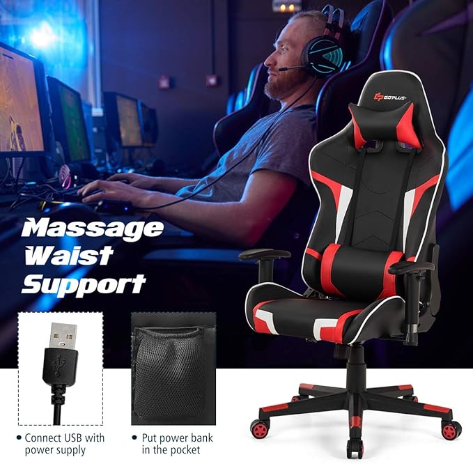 Goplus Gaming Massage Office Chair High Back PU Leather Adjustable Arms Headrest Ergonomic Reclining Racing Chair Rolling Swivel Executive Computer Chair