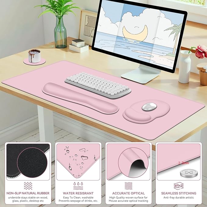 Mouse Pad Desk Pad Protector Keyboard Wrist Rest + Mouse Pad Wrist Rest +Coaster Large Gaming Pad for Computer Keyboard Laptop XXL Desk Mat Writing Pad for Office and Home Pink