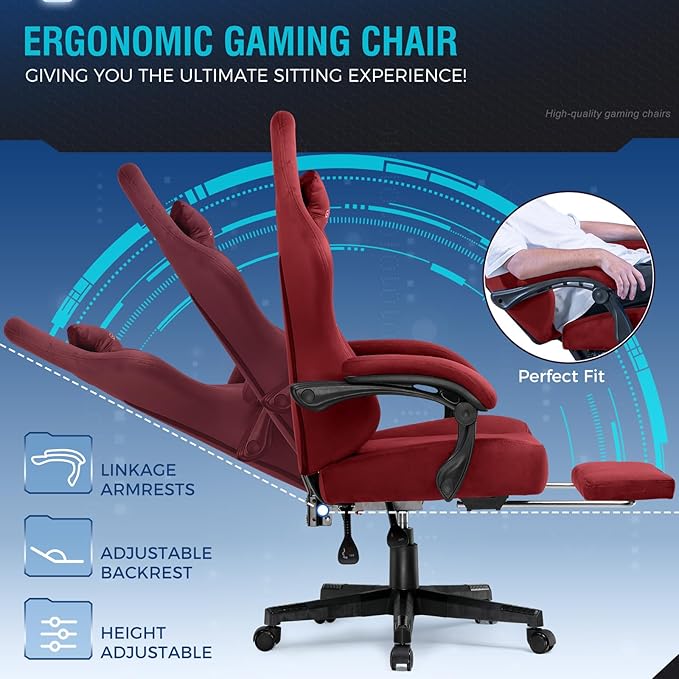 GTPLAYER Gaming Chair Fabric with Pocket Spring Cushion Big and Tall Gamings Chairs 350LBS High Back Computer Chair with Footrest for Adults Lumbar Support Swivel Game Chair for Office Gaming Red