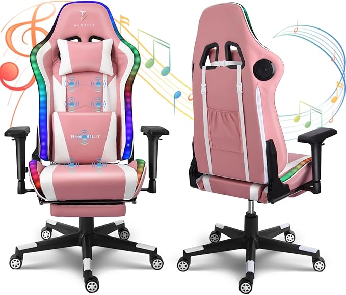 XOOFMASS Video Game Chairs for Adults PU Leather Massage Gaming Chair with Footrest 360°Swivel Gamer Chair with Speakers and RGB LED Lights Comfortable Ergonomic Computer ChairPink