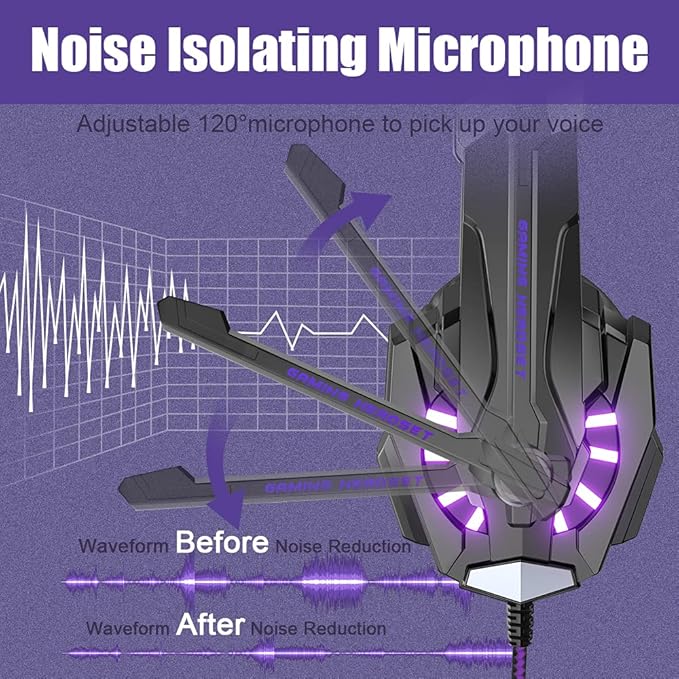 BENGOO G9000 Stereo Gaming Headset for PS5 PS4 PC Xbox One Controller Noise Cancelling Over Ear Headphones with Mic LED Light Bass Surround Soft Memory Earmuffs - Purple