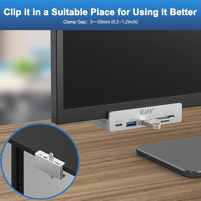 EJAY 5Ports USB3.0 HUB Alu Splitter Desktop Docking with Card Reader for Desk/Monitor Clipping with Extra Power Supply Port59inches Data &amp 39inches Power Cable-5Gbps(Silver)