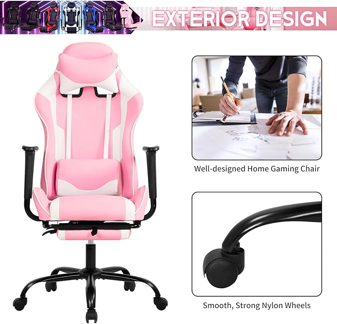 BLKMTY Gaming Chair Reclining Computer Chair with Footrest and Lumbar Support Height Adjustable Game Chairs with Swivel Seat and Headrest for Home Office or Gaming (Pink)