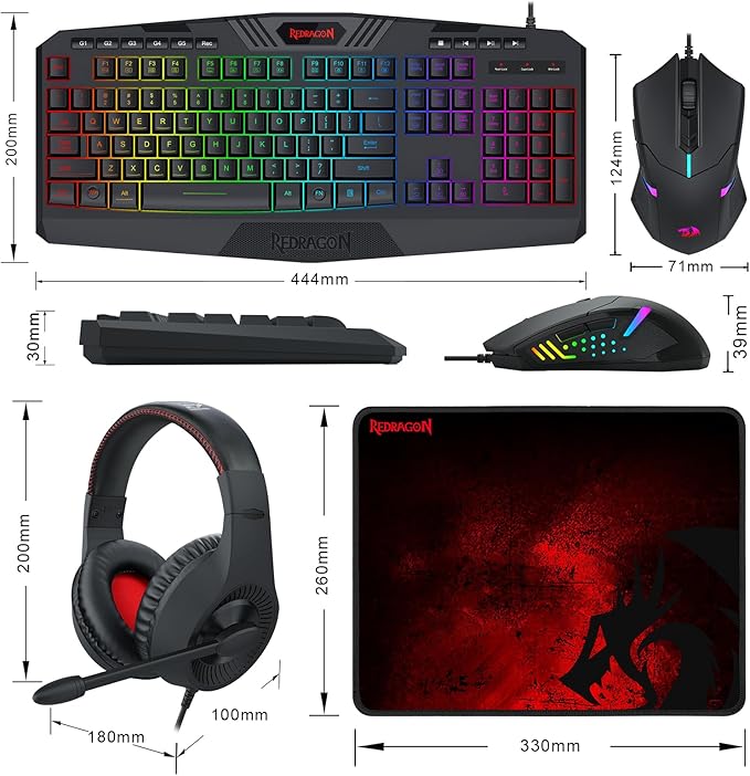 Redragon S101-3 Wired RGB Backlit Gaming Keyboard and Mouse Combo Programmable Keyboard and Mouse (800-7200DPI) Gaming Headset Mouse Pad Combo All in 1 PC Gamer Bundle for Windows PC (Black)