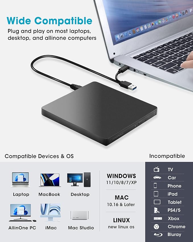 ROOFULL External CD/DVD Drive USB 3.0 &amp USB-C Ultra-Slim 0.5 High-Speed CD DVD Player Burner Reader Writer for Laptop Windows 11/10 Mac MacBook Linux OS