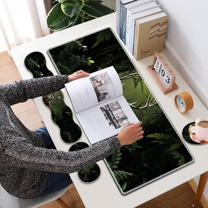 4 in 1 Mouse Pad Combo Large Gaming Mouse Pad + Keyboard Wrist Support + Mouse Wrist Rest + Coaster Table Pad 31.5 x 11.8 with Memory Foam Ergonomic Wrist Pad Set Camouflage Forest Deer