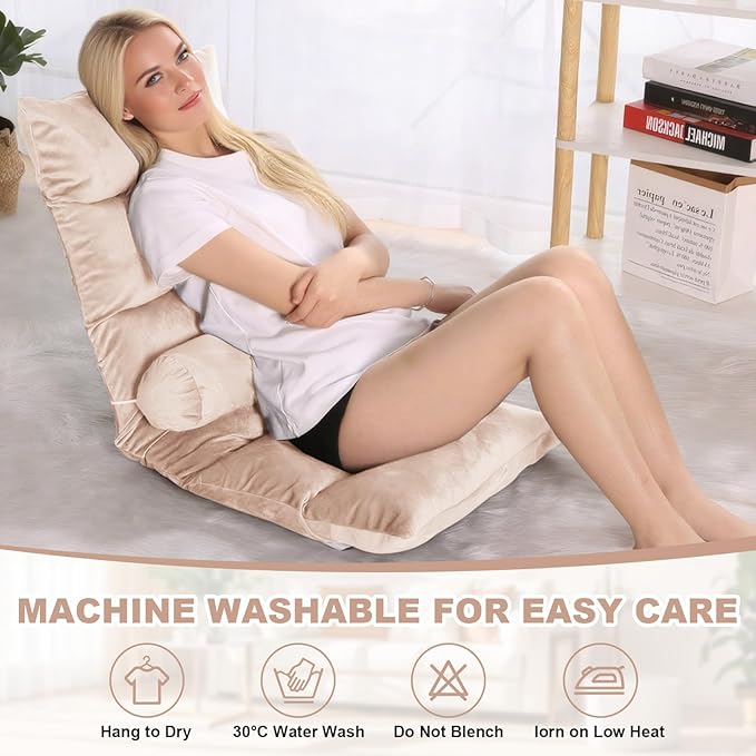 Folding Floor Chair 5-Position Cushioned Adjustable Lazy Sofa Foldable Floor Lounger for Adults Kids Gaming Reading Meditating (Beige)