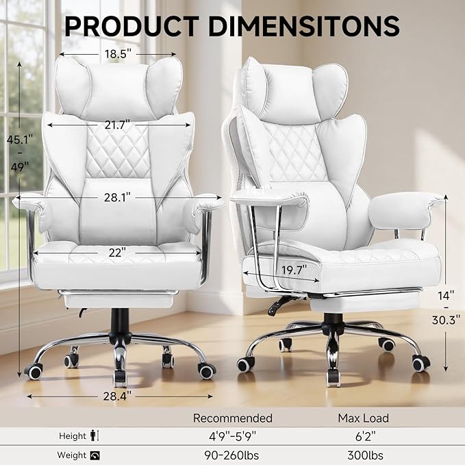COMHOMA Big and Tall Gaming Chair with Pocket Spring Lumbar Support Ergonomic Office Chair with Footrest Executive Desk Chair with Outward Fixed Soft Armrests Computer Chair with High Back White