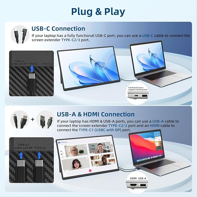 Portable Monitor 16 Inch 1200P FHD Laptop Screen Extender Dual Monitor 360° Rotating Detachable Stand Plug n Play Ultra Slim Zero Frame Travel Portable Screen for Laptop/PC/Mac/Windows/PS5