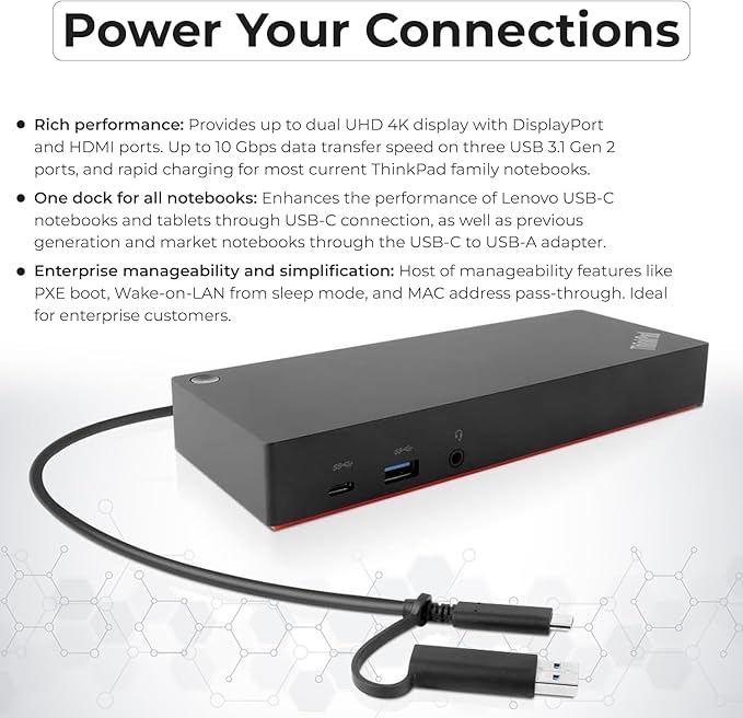 40AF0135US Lenovo Docking Station Dual Monitor Hybrid USB-C with USB-A - 1 Year Warranty Thinkpad Dock w/ 135W Adapter ANYHDD HDMI DisplayPort USB-C Cables Cloth - Lenovo Laptop Docking Station