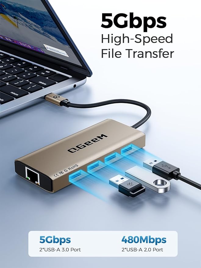 QGeeM USB C Hub Ethernet9 in 1 USB Type C Hub HDMI Multi-Port Converter Adapter100W Pd USB 3.0SD/TF Card ReaderCompatible for MacBook Pro Air Ipad HP Dell Lenovo Chromebook etc.-Brown