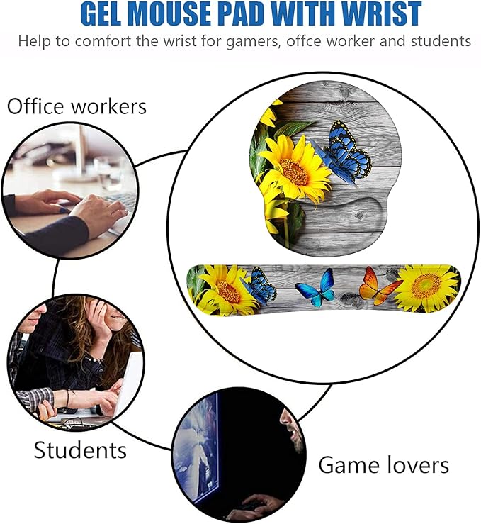 Keyboard Wrist Rest and Mouse Pad Wrist Rest Support Non-Slip PU Base Ergonomic Gaming Mousepad for Home Office Working Studying Easy Typing &amp Pain Relief - Sunflower and Purple Butterfly