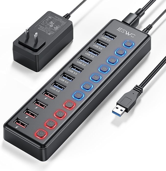 Powered USB Hub JESWO 11-Port USB 3.0 Hub (7 Data Transfer Ports + 4 Smart Charging Ports) with Individual LED On/Off Switches USB Hub Powered with 12V/3A Power Adapter for Mac PC