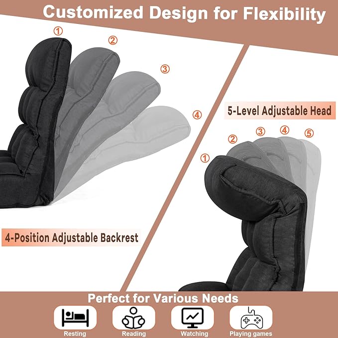 MAT EXPERT Folding Floor Chair Floor Gaming Chair w/ 4-Position Backrest 5-Position Adjustable Headrest Side Pocket Indoor Floor Chair w/Back Support for Bedroom Living Room (Black)