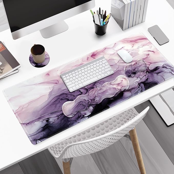 Gaming Mouse Pad Keyboard Wrist Support 4 in1 Mousepad Set with Wrist Keyboard Rest Computer Desk Mat Non-Slip Desk Pad Protector with Memory Foam Easy Typing Pain Relief I Purple Marble