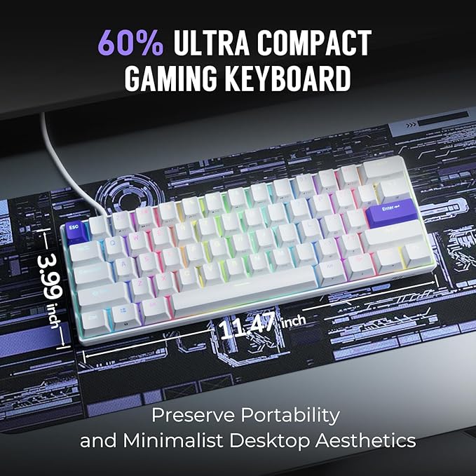 RK ROYAL KLUDGE C61 HE Gaming Keyboard 60% Wired Mechanical Keyboard with Hall Effect Magnetic Switch 8000Hz Polling Rate Rapid Trigger RGB Backlit 61 Keys White Purple