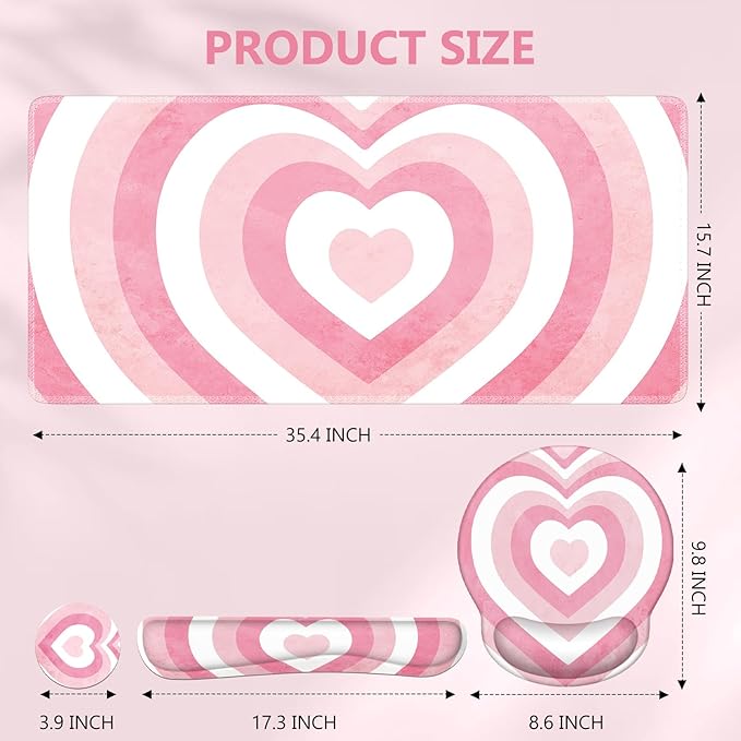 iLeadon Pink Desk Mat Desk Pad + Pink Mouse Pad with Wrist Rest + Keyboard Wrist Rest + Coaster 4in1 Mouse Pad Set Mouse and Keyboard Pad for Home Office Heart Pink