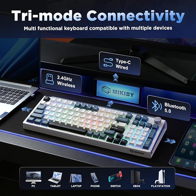 K98 Wireless Mechanical KeyboardTri-Mode BT5.0/2.4GHz/USB-C Hot Swappable Custom KeyboardGasket StructureRGB Backlit Gaming Keyboard for Win &amp Mac(White&ampBlueCocoa-V2 Switch)