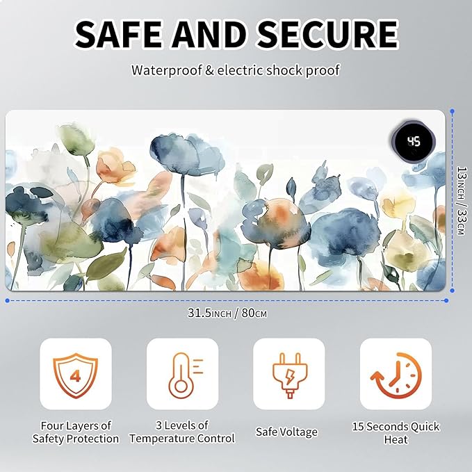 Heated Mouse Pad Hand Warmer Warm Desk Pad Mousepad Desk Mat with 3 Levels Heating and Auto Shut Down 31.5 x 13 inch PU Leather Warmer Keyboard Mat for Gaming Laptop Office Home Watercolor Flower