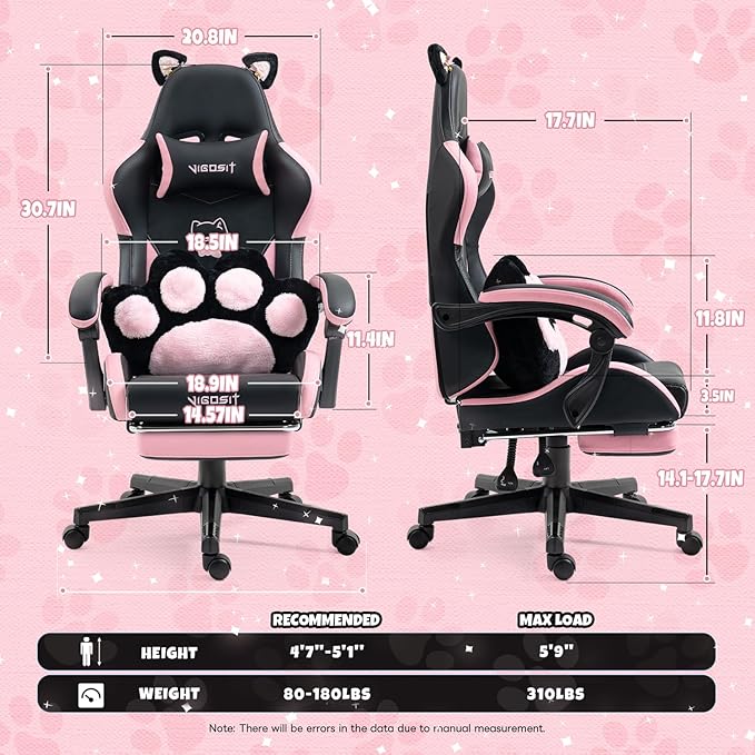 Gaming Chair Cute Cat Computer Chair with Footrest and Headrest Ergonomic Gaming Office Desk Chair with Lumbar Cushion Height Adjustable 360° Swivel Recling Chairs for Women Men