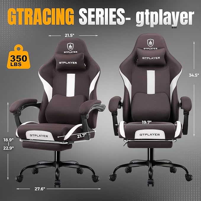 GTPLAYER Gaming Chair with Foot Rest &amp Pocket Spring Cushion Ergonomic High Back Computer Desk Chair with Headrest &amp Lumbar Support for Back Pain Relief Breathable Fabric Brown