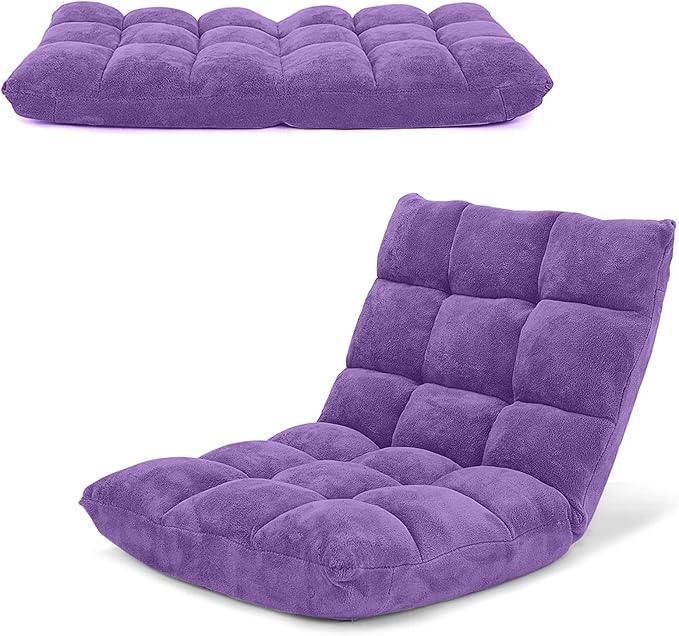 COSTWAY Adjustable Gaming Chair Purple 14-Position Back Support Soft Coral Fleece Portable Lightweight 22 x 24 x 22