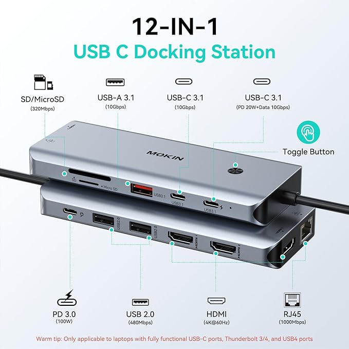 MOKiN 12-in-1 USB C Docking Station 3 HDMI 4K@60Hz Triple Display Hub with 100W PD 10Gbps USB-C/A Port Gigabit Ethernet SD/microSD Card Reader Screen Control Button for Laptop Windows