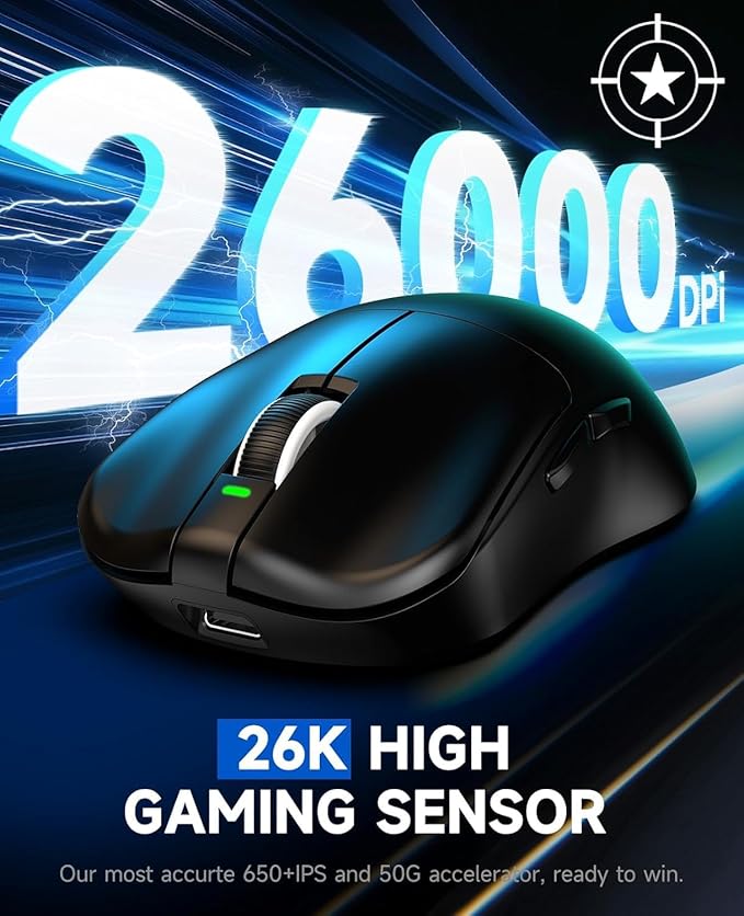 VGN F1 Wireless Gaming Mouse 26000 DPI High Precision 55g Lightweight 4K Polling Rate 200-Hour Battery Life 6 Programmable Buttons USB-C Charging Gaming Mouse Wireless for PC/Mac/LaptopBlack