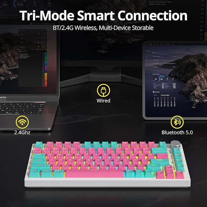 82 Keys Wireless Gaming Keyboard 75 PercentTriple Mode Bluetooth/2.4Ghz/USB Pre-lubed Hot Swappable Mechanical Pink Keyboard w/Knob&ampSound-Absorbing Pads4000mAh Battery for Mac/Win(Miami)