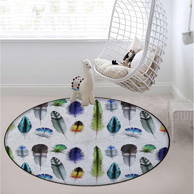 Multicolor Round Area RugsIndoor Throw Runner Circle Rug Entryway Doormat Floor Carpet Pad Yoga Mat for Bedroom Living Room Feathers in Vibrant Colors Diameter 47.2 in