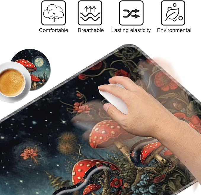 Keyboard Mouse Pad SetLarge Mouse Pad+Keyboard Wrist Rest+Wrist Support+Coaster31.5x11.8in Extended Desk Mat for Computer Laptop Office Home-Mushroom Forest