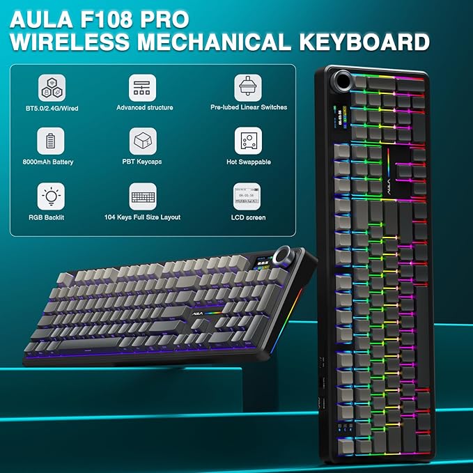 AULA F108 PRO - Wireless Mechanical Keyboard with Screen &amp KnobFull Size Keyboard with 8000mAh BatteryPre-lubed SwitchesSide Printed PBT KeycapsRGB Backlit Hot Swappable Custom Gaming Keyboard