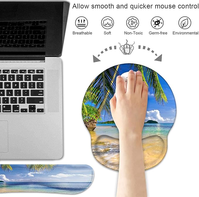 Keyboard Wrist Rest and Mouse Pad Wrist Support Set with Coasters Non-Slip PU Base Ergonomic Gaming Mousepad for Home Office Working Studying Easy Typing &amp Pain Relief Shore Palms Tropical Beach