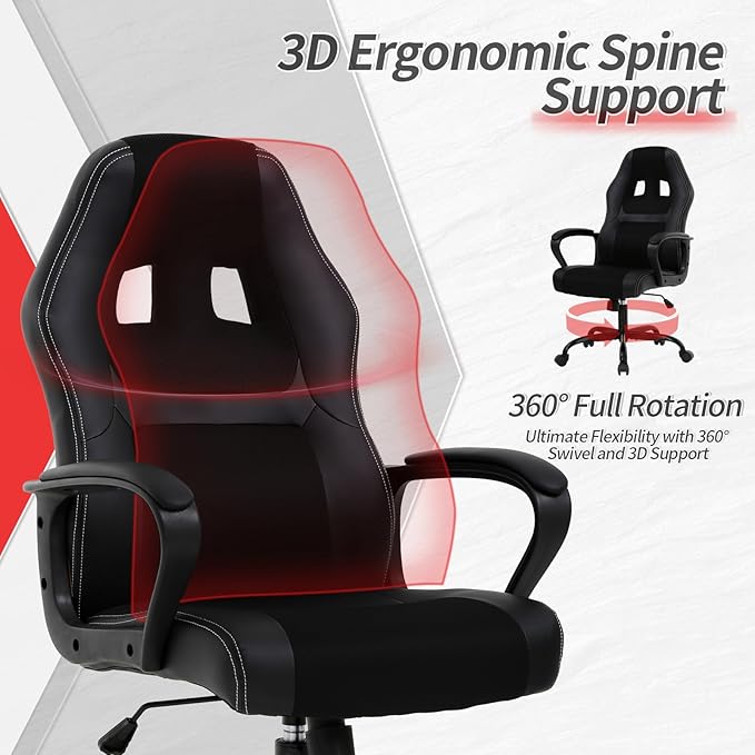 Office Chair Ergonomic Gaming Chair High Back Computer Desk Chair with Lumbar Support Adjustable PU Leather Gamer Chair Comfortable Racing Style for Adults Teens Kids (Classic Version Black)