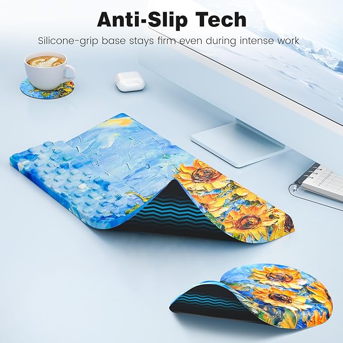 Ospelelf Ergonomic Mouse Pad and Keyboard Stand Wrist Rest Set Memory Foam Comfort Pain Relief for Typing Office Desk Accessories Sunflower