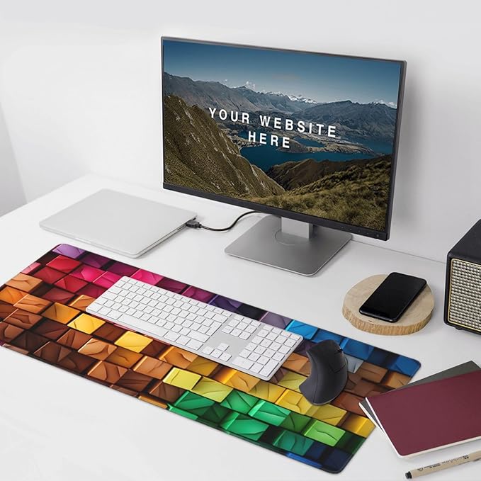 Colorful 3D Squares Large Gaming Mouse Pad 35.5 X 16 Inch Extended Desk Mat for Keyboard and Mouse Waterproof Computer Mousepad with Stitched Edges &amp Non-Slip Base