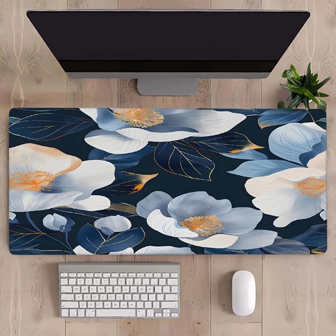 Blue Floral Flower Large Mouse Pad Gaming Mousepad Desk Mat for Desktop Computer Keyboard Waterproof Mouse Mat Desk Pad with Non-Slip Base for Game School Office Home 35.4 x 15.7