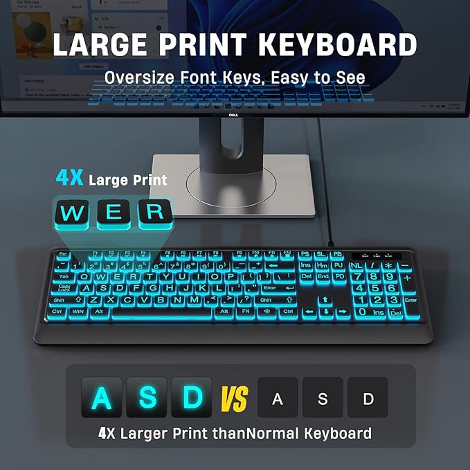 Large Print Backlit Computer Keyboards 7 Colors Backlight USB Keyboard Plug-and-Play Foldable Stands Corded Full Size Keyboard for Windows PC Laptop (Black Large)