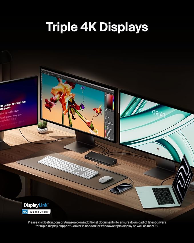 Belkin 15-in-1 Universal Triple Display DisplayLink Docking Station Hub w/ 3 HDMI Ports 2 DisplayPorts for Triple 4K Display w/ 85W PD 3.5mm Mic/Speaker 1 USB-C &amp 5 USB-A Ports Black