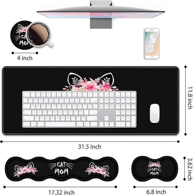 4 in 1 Ergonomic Keyboard Wrist Rest &amp Mouse Pad Wrist Rest Set Large XXL Gaming Desk Mat 31.5x 11.8 with Non-Slip Base Memory Foam for Home Office Study Gaming Cat Mom Floral