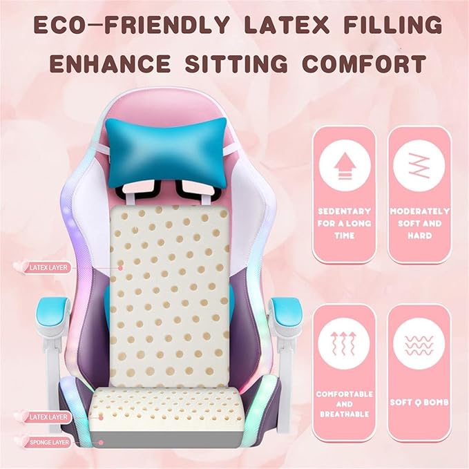 Girls Gaming Chair with Footrest Leather Video Game Chairs with Speakers and RGB Lights High Back Computer Chair with Lumbar Support and Headrest Cute Recliner Chair Office ChairPink